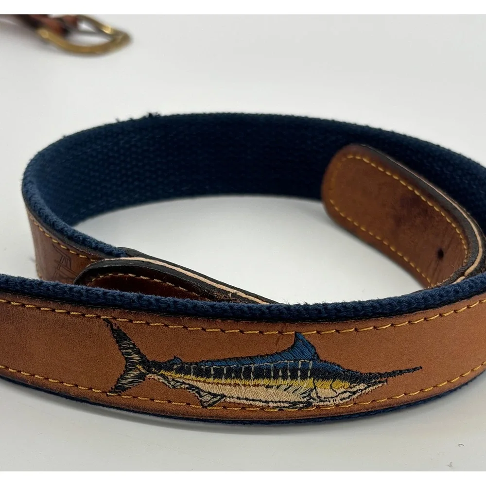 VTG Zeppelin Fish Canvas Leather Belt Size 46 Solid Brass Buckle Made In USA